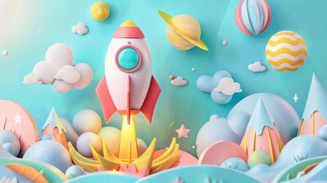 Isolated rocket, globe, cloud, and sky, paper art style with pastel colors. Modern illustration