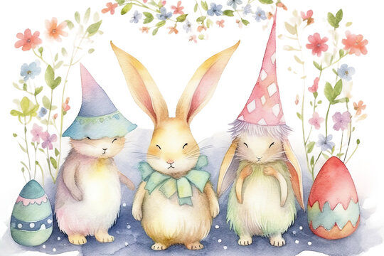 easter Greeting background Happy gnomes watercolor bunnies card