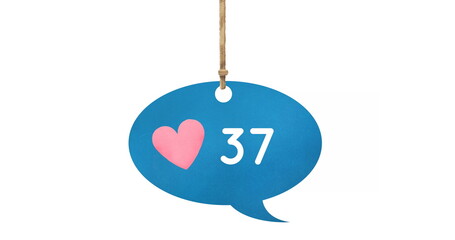 Digital image of increasing numbers and heart icon inside a tied up blue speech balloon on a white b