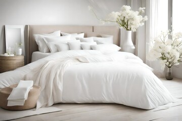 A tranquil bedroom scene with soft white bedding and a vase of delicate white flowers, evoking a sense of springtime freshness and serenity