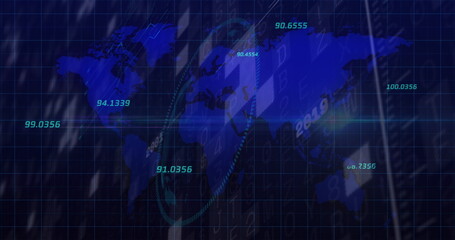 Image of world map and financial data processing over black background