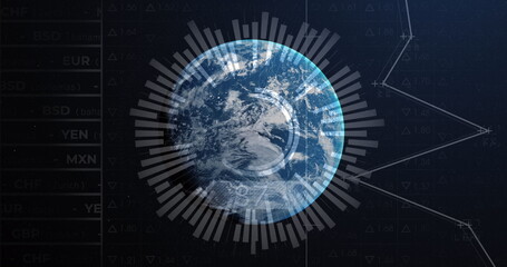 Image of globe and financial data processing over black background