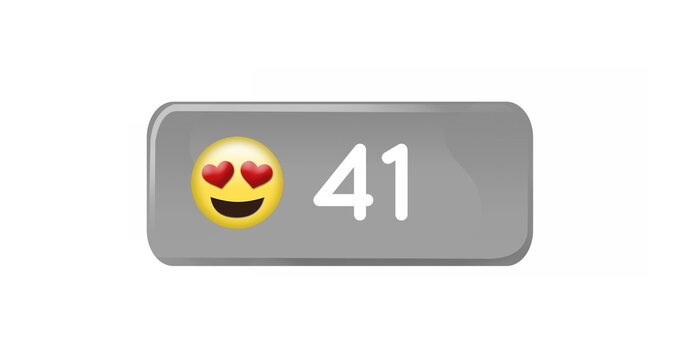 Digital image of increasing numbers and heart eyes emoji inside a grey box on a white background 4k - Powered by Adobe