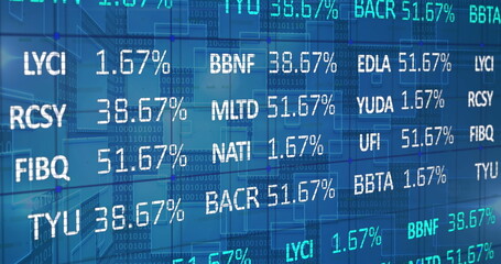 Image of stock market and binary coding over blue background
