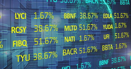 Image of stock market and binary coding over black background
