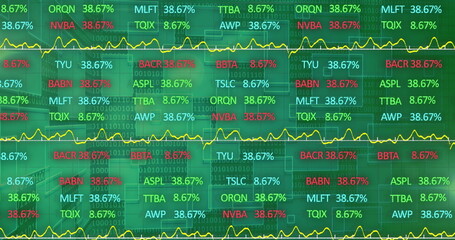Image of stock market and binary coding over green background