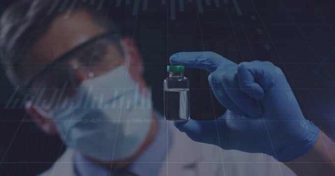 Image of data processing over caucasian male doctor with face mask and cure