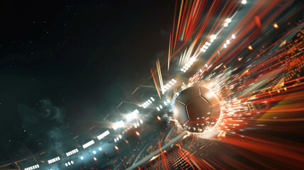 a soccer ball soaring through the air in a powerful kick, leaving a trail of light in its wake - obrazy, fototapety, plakaty