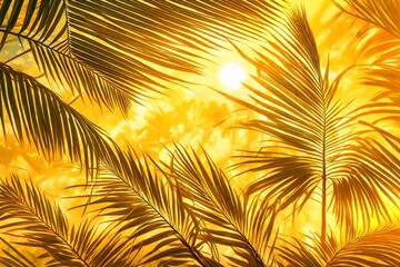 Vibrant sunny backdrop palm leaves with golden sun light. Neural network generated in January 2024. Not based on any actual scene or pattern.