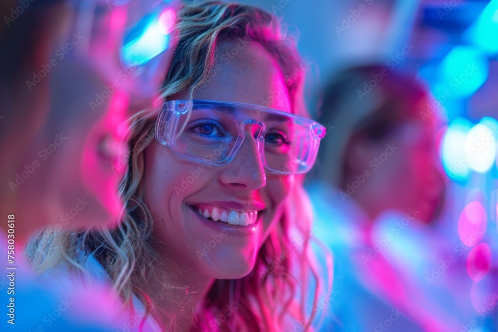 Aufkleber smiling female scientist with peers analyzing data in a laboratory setting