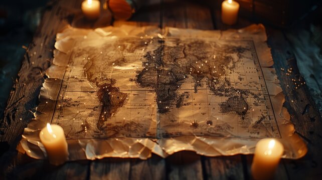 Old world map on a parchment, lit by candlelight with digital pins