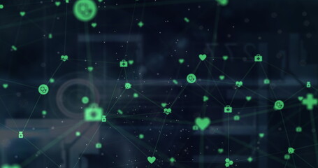 Network of medical icons over digital interface with data processing against blue background