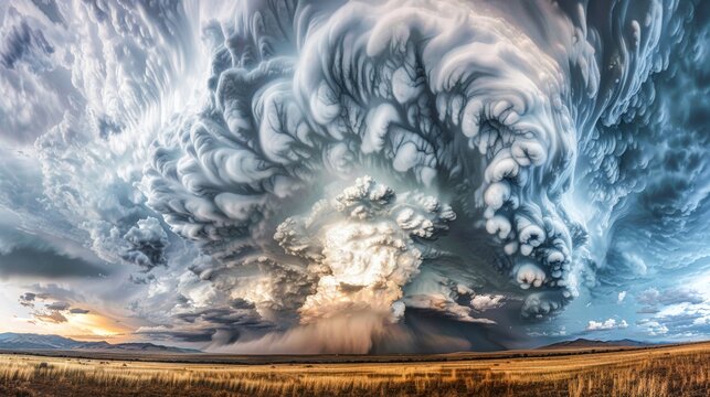 This dramatic image features an expansive view of undulating storm clouds over a vast plain at sunset, showcasing the power of nature