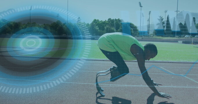 Image of digital interface over african american men with physical disability running