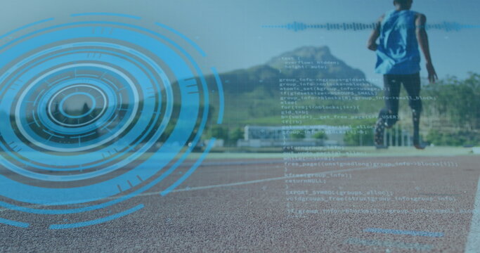 Image of digital interface over african american men with physical disability running - Powered by Adobe
