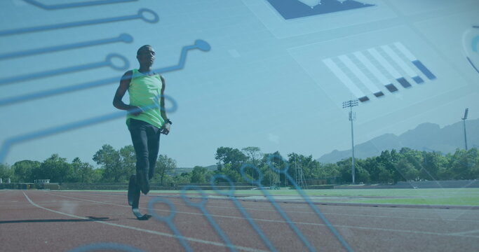 Image of digital data over african american disabled man training with running blade