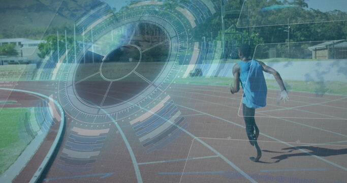 Image of digital data over african american disabled man training with running blade
