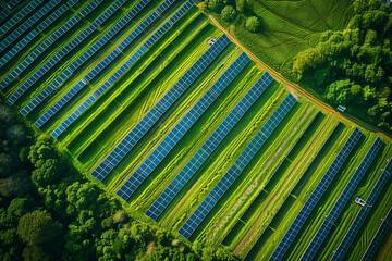 A large solar farm, with rows of solar panels perfectly aligned surrounding green landscape.Green power concept