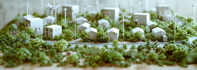 Model of a small village with modern white houses and are wind turbines among the houses.Green power concept