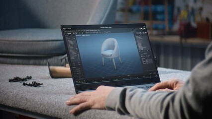 Creative designer creates digital 3D model of stylish wooden chair using laptop computer. Man works in professional ai software for furniture design creation and 3D modeling. Design innovation concept