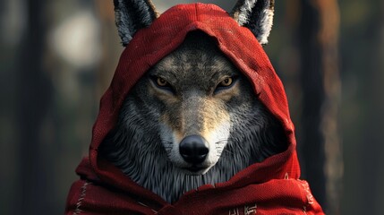 A mysterious wolf sporting a bold red hood in 3D design