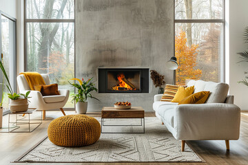 A cozy living room interior with modern concrete walls