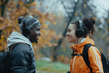 A young couple was jogging in the park, wearing sportswear and headphones with music, smiling at each other while doing sports outside on an overcast day