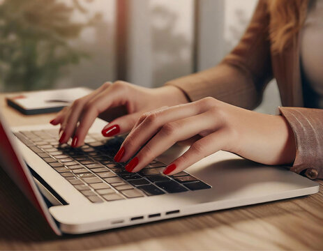 Detalhe de m&atilde;os femininas com unhas vermelhas, digitando no notebook.