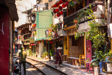 Train street in Hanoi, Vietnam. Famous landmark and tourism destination - 758031630