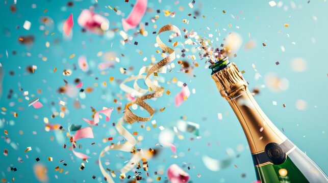 A champagne bottle with its cork popping and a festive explosion of confetti and ribbons in the air