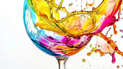 Vibrant splash of colors captured within a wine glass against a white background, demonstrating dynamic motion and artistry