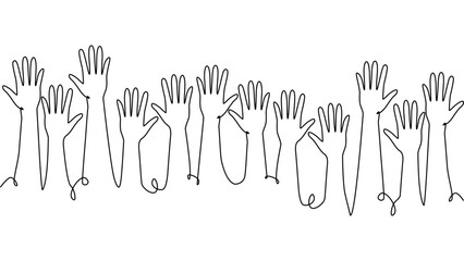 continuous single line drawing of a group of hands raised up. The concept of voting, elections