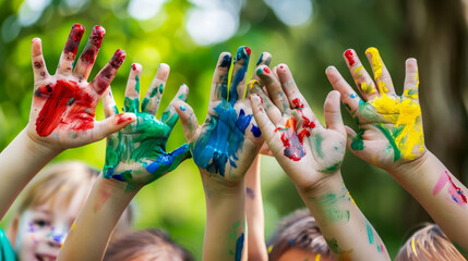 joyful children in kindergarten show their palms in paint, hands, little kids, green background, bright colors, place for text, drawing, art, paint, red, blue, schoolchildren, playground