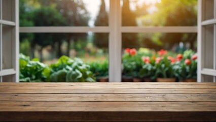 Empty wooden table with beautiful garden background, Farm, photorealistic