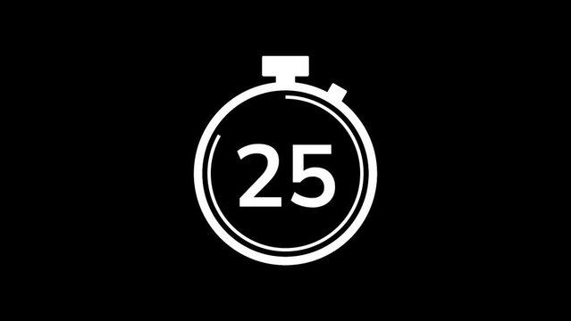 30 seconds countdown timer animation from 30 to 0 seconds. Modern white stopwatch cowndown timer on black background
