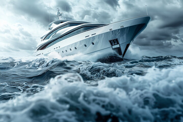 A ship caught in a storm with big waves and wind.