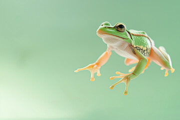 Naklejka premium Green tree frog jumping isolated on pastel background with copy space for text.