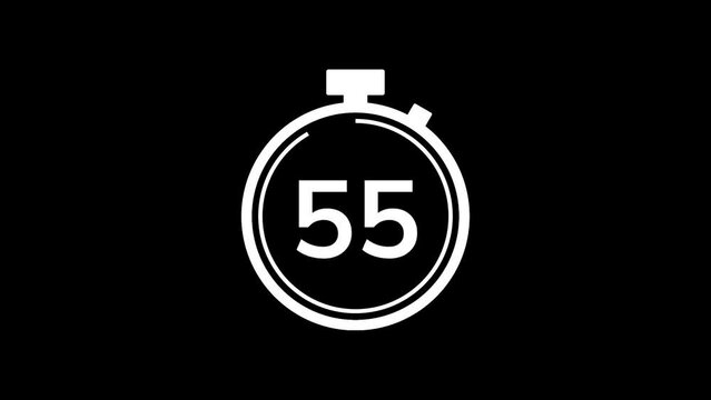 60 seconds countdown timer animation from 60 to 0 seconds. Modern white stopwatch cowndown timer on black background