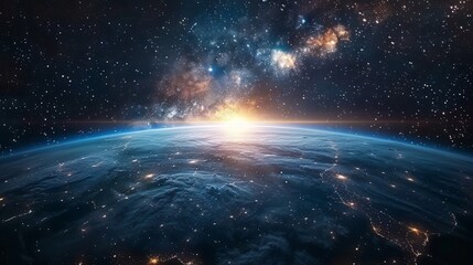 Breathtaking view of a sunrise cresting over the Earth's horizon with the Milky Way galaxy stretching into the vastness of space.