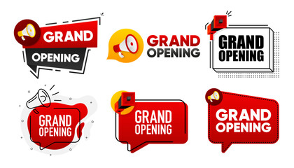 Grand Opening. Megaphone label collection with text. Marketing and promotion. Vector Illustration.