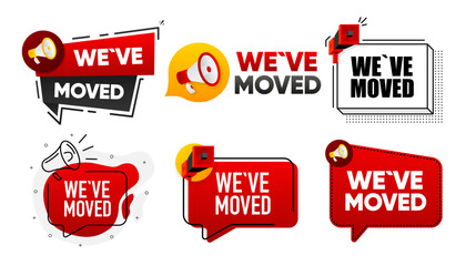 We Have Moved. Megaphone label collection with text. Marketing and promotion. Vector Illustration.