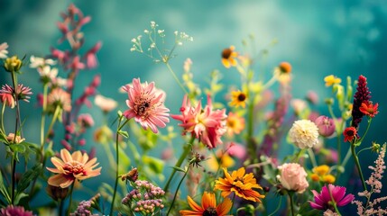 Fototapeta na wymiar Vibrant flowers of various species blooming vibrantly against a soothing teal background, highlighting natural beauty