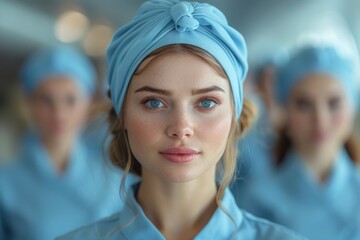 A portrait of a serene woman with blue eyes and a stylish blue headscarf, focused and clear