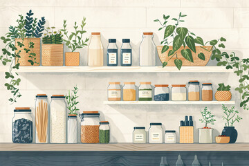 Eco-friendly home organization concept with copy space. Assorted glass jars with various dry foods on wooden shelves amidst indoor plants. Design for minimalistic lifestyle, zero waste home, and decor