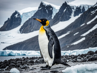 Fototapeta premium King Penguin (Aptenodytes patagonicus). contrast of its sleek black and white plumage, and the regal posture as it stands amidst the Antarctic landscape. Generative Ai.