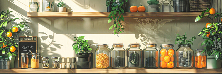 Eco-friendly home organization concept with copy space. Assorted glass jars with various dry foods on wooden shelves amidst indoor plants. Design for minimalistic lifestyle, zero waste home, and decor