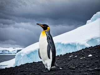 Fototapeta premium King Penguin (Aptenodytes patagonicus). contrast of its sleek black and white plumage, and the regal posture as it stands amidst the Antarctic landscape. Generative Ai.