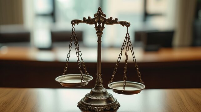 Metal scales sit on a table in an office or court building. Justice, trade and balance of equilibrium concept