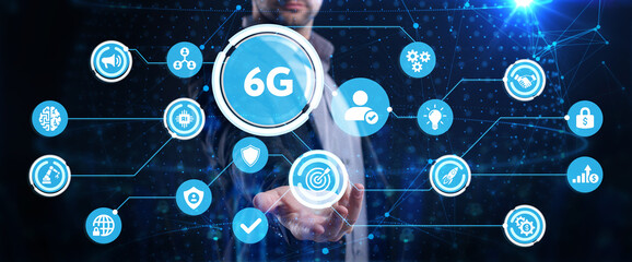 The concept of 6G network, high-speed mobile Internet, new generation networks. Business, modern technology, internet and networking concept.