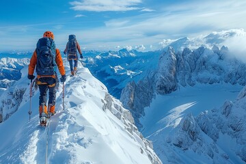 A team of mountaineers in vibrant gear bravely ascends a snowy ridge in a clear blue winter sky, epitomizing courage